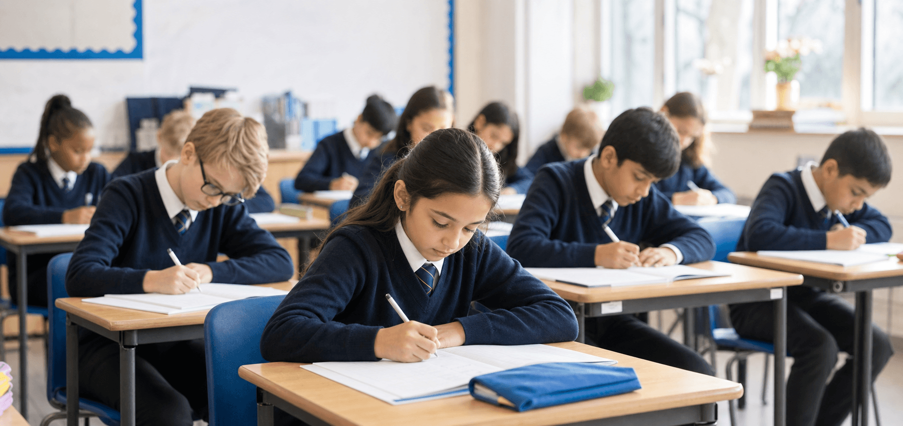 Children studying in a classroom during a mock exam session
